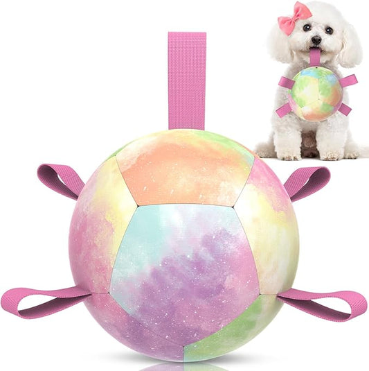 QDAN Dog Toys Soccer Ball with Straps, Durable Dog Balls for Tug of War, Puppy Birthday Gifts, Dogs Water Toy Small Dogs-Rainbow(5 Inch)