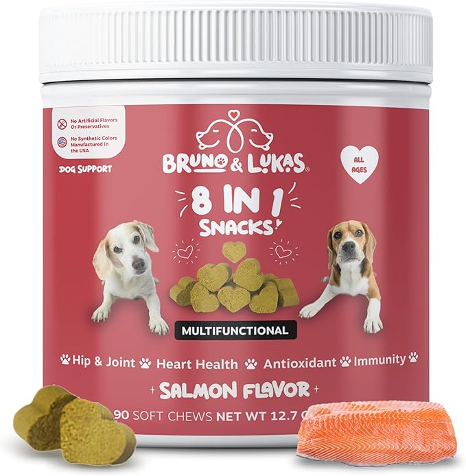 Multivitamin Treats for Dog Supplement 8 in 1 Vitamins Support Joint Digestion Antioxidant- Improves the Immune System Skin & Coat with Glucosamine for Dogs and Omega Fish Oil Salmon Flavor (90 Chews)