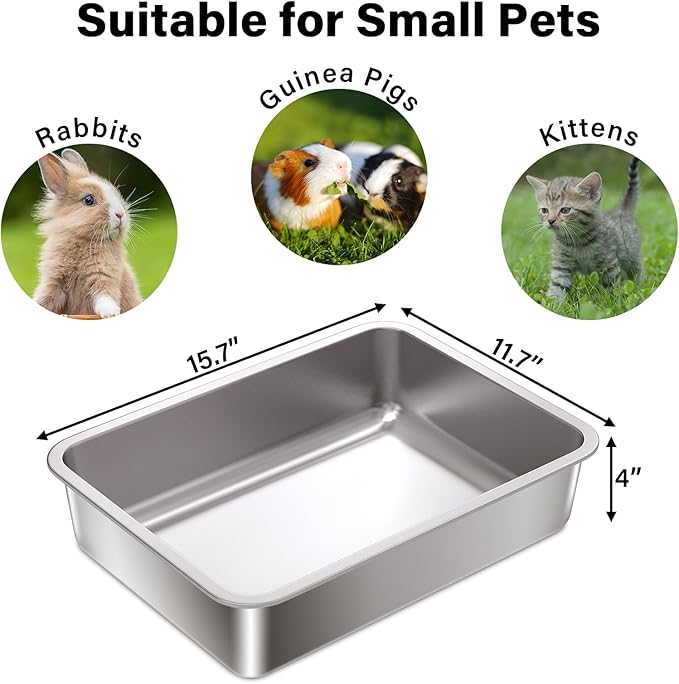 Stainless Steel Litter Box for Kitten,15.7"×11.8"×4" Metal Cat Litter Box,Small Litterbox for Kittens,Rabbit,Guinea Pigs,Non Stick, Non Odor, Easy to Clean