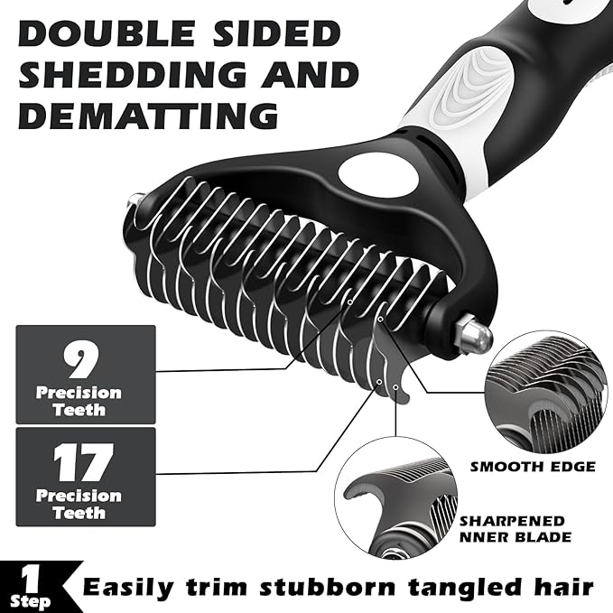 6 in 1 Pet Grooming Kit - Dog&Cat Comb, Deshedding Brush, Nail Clipper with File, Bath Brush - Premium Pet Supplies (Black White)