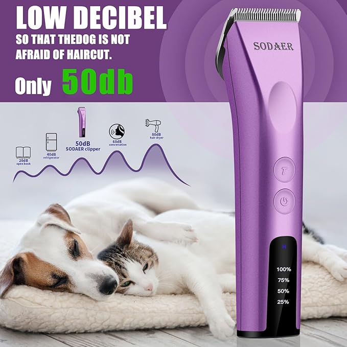 Professional Animal Pet Dog Cat and Horse Cordless Hair Clipper Grooming Kit with 5 in 1 Blade Low Noise & High Power Rechargeable Cordless Pet Grooming Clipper for Thick Heavy Coats -Purple