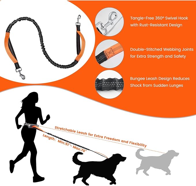 Hands Free Dog Leash with Lightweight Running Belt, Bungee Leash for Running Walking Hiking Adjustable,Reflective,Durable,Heavy Duty for Small,Medium,Large Dogs (8–120 lbs)(Red)