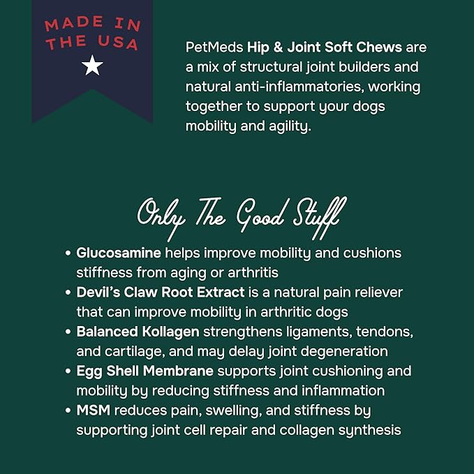 PetMeds Hip & Joint Supplement for Dogs - Vitamins, Glucosamine, MSM, Chondroitin, Collagen for Joint Mobility & Flexibility - Senior Dog Arthritis Support - Beef & Sweet Potato Flavor - 60 Soft Chews