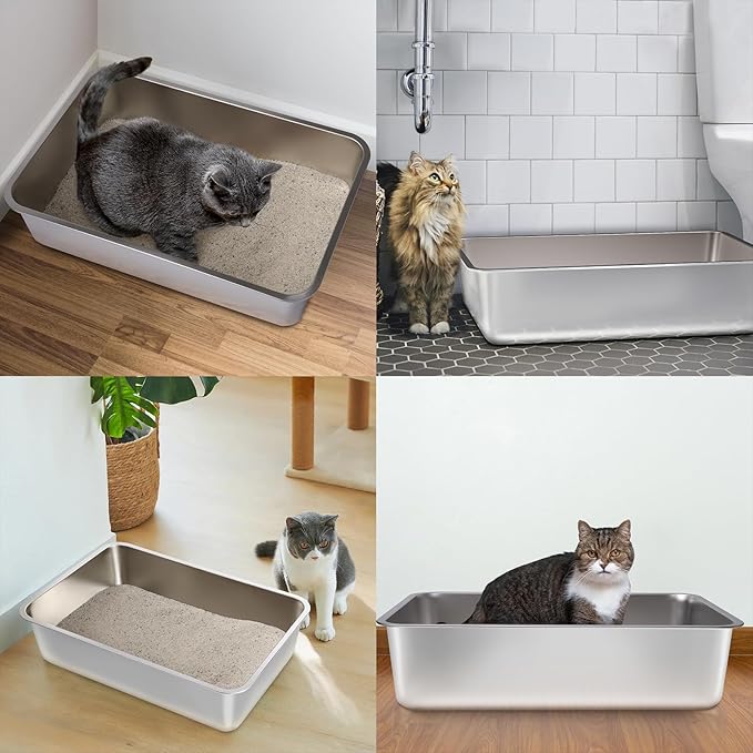 Stainless Steel Litter Box 2 Pack, 23.6“x15.7"x6" Deep Stainless Steel Cat Litter Box Extra Large, XL Metal Litterbox for Big Cats with High Sides, Non Stick Surface, Easy to Clean