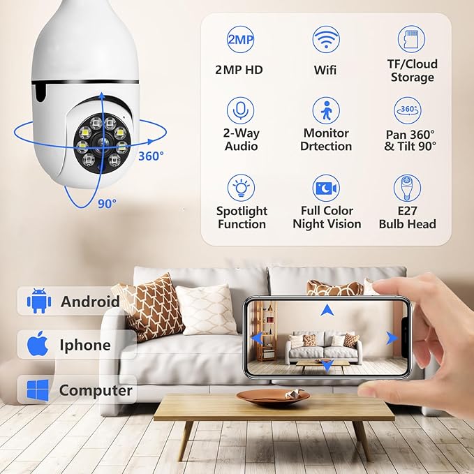 5G Light Bulb Security Camera WiFi Dual Band,360 Degree 1080P Wireless Indoor Full Color,Smart Dome Camera with Auto Tracking, Light Socket Surveillance PTZ Camera