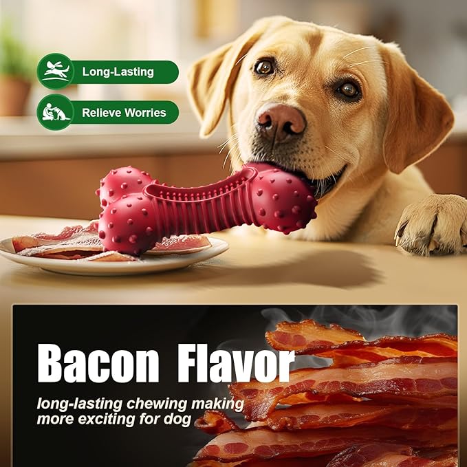 Dog Toys for Aggressive Chewers, Dog Chew Toys for Medium Large Dogs, Durable Natural Rubber Dog Toys with Bacon Flavor, Indestructible Dog Toy, Red