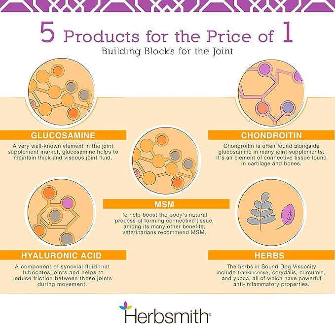 Herbsmith Sound Dog Viscosity – Advanced Joint Support for Dogs – Veterinarian Recommended Glucosamine for Dogs, Hyaluronic Acid, Chondroitin, MSM – Natural Arthritis Pain Relief – 500g Powder