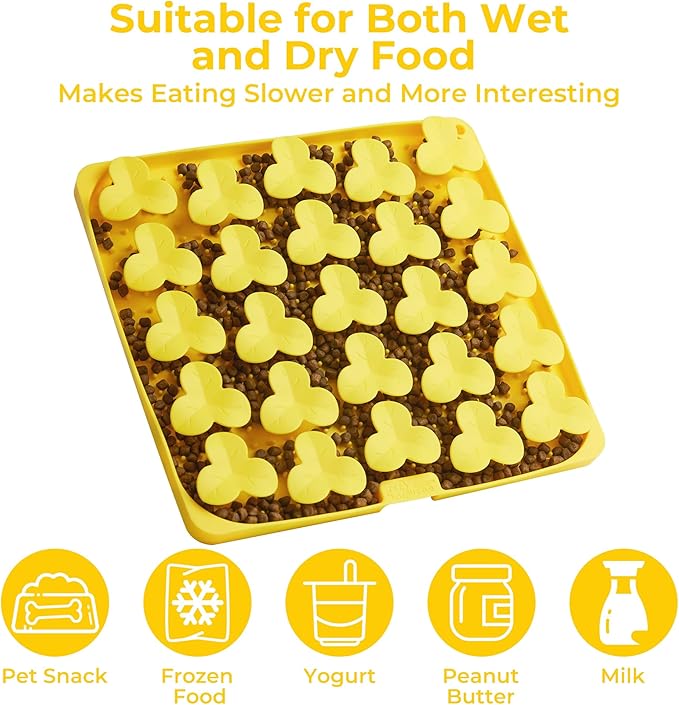 Snuffle Mat for Dogs, Lick Mat to Slow Down Eating, Puzzle Toys for Large and Medium Breed Dogs, Silicone Bowls for Dry, Wet, Raw Food, Yellow