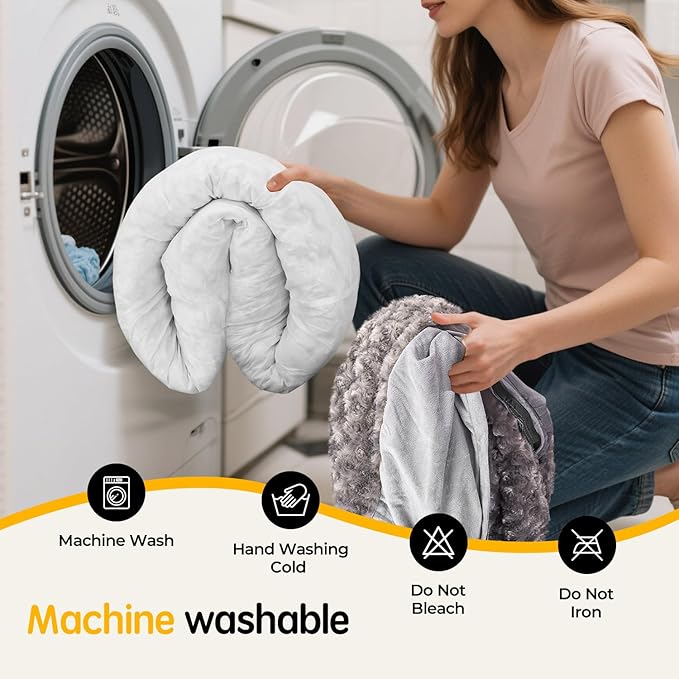 Cave Dog Bed with Blanket Donut Round Plush Cozy Cat Pet Bed for Puppy Machine Washable Removable Cover Anti-Slip Bottom Gray 26X26X8 inch