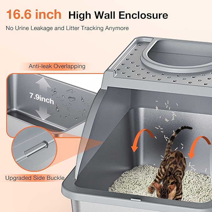 Stainless Steel Litter Box, XXL Large Metal Covered Litter Boxes, Dual Entrance Detachable Cat Litter Box with Lid, 16.6'' High Wall Urine Leak Prevention with Cat Litter Scoop (Gray)