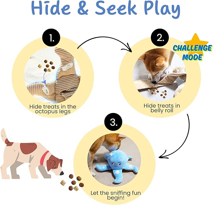 Dog Puzzle Toy, Interactive Snuffle Octopus Toy for Medium Large Dogs â Hide & Seek Treat Dispenser with Squeaky & Crinkle Sounds, Plush Chew Toy, Durable & Washable (Blue)