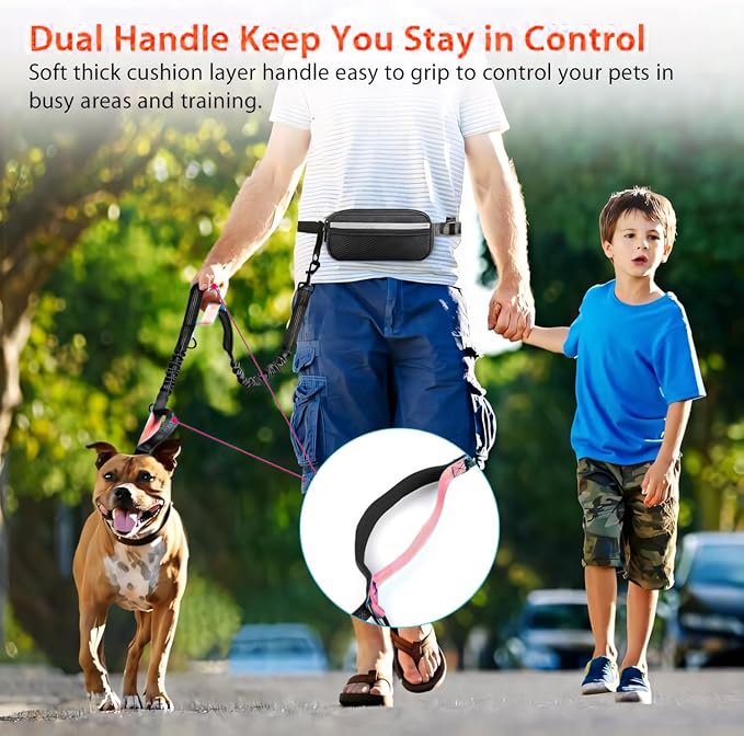 Hands Free Dog Running Leash with Waist Belt, Dual Handle Elastic Bungees Retractable Rope for Small and Medium Dogs, Reflective Stitches for Walking Hiking Biking (Medium Pink, 8-25lb)