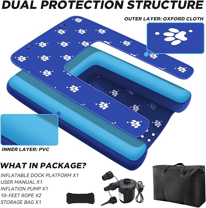 Inflatable Dock Platform with Electric Pump, Dog Boat Ramp Floating Non-Slip Oxford and PVC with Water Ramp for Dogs Pool, Dock, Lake with Traction Rope Blue (4.7ft x 3ft x 6in)
