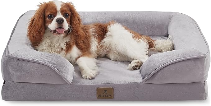 Bedfolks Orthopedic Dog Bed, Waterproof Dog Sofa Bed for Medium Dogs, Egg Foam Pet Couch Bed with Removable Washable Cover and Nonslip Bottom, Light Grey