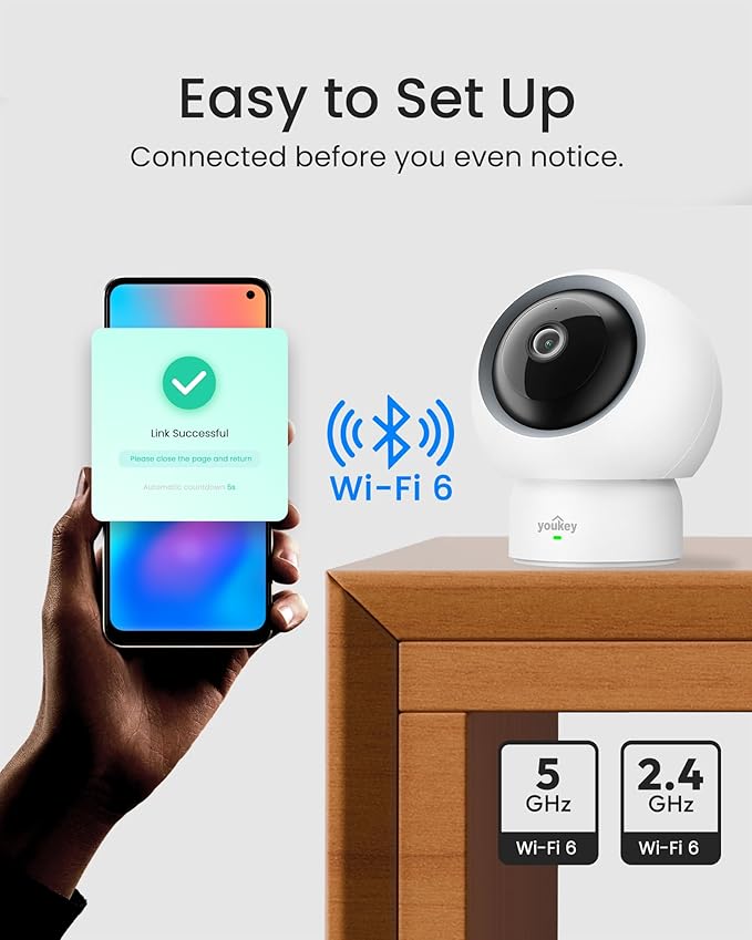 youkey Indoor Camera, No Monthly Fees, Pan & Tilt, 2.5K Security Camera with 2.4/ 5GHz WiFi 6, Bluetooth Pairing, Human/Pet/Baby Crying Detection, Two-Way Talk, Night Vision, P310