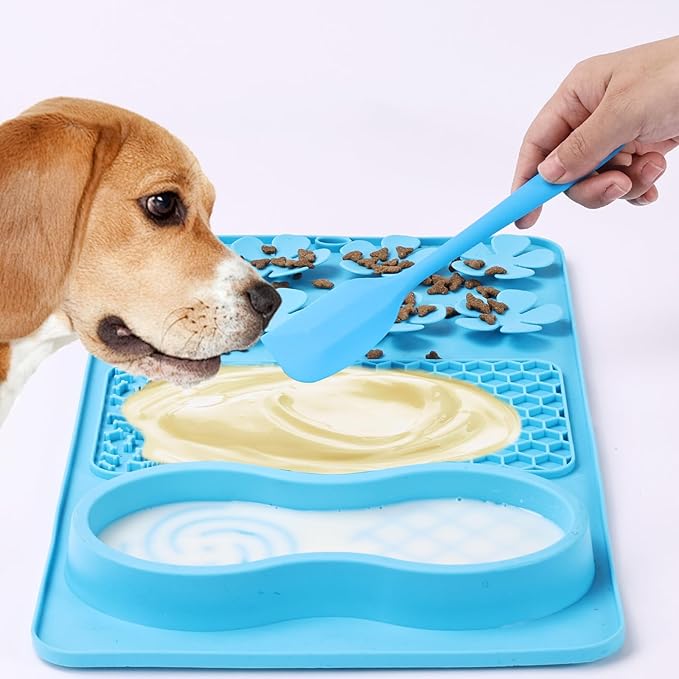 LONGFITE Large Dog Feeding Licking Snuffle Mat Silicone Slower Feeder Lick Mats Multi Use for Dry&Wet Food and Water with Brush and Spatula (Blue)