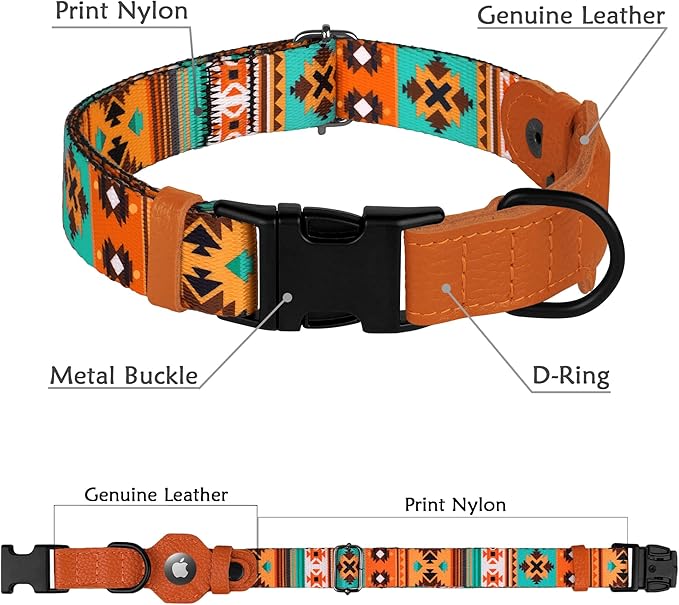 AirTag Dog Collar with Metal Buckle - Soft Leather Printed Nylon Dog Collar with Apple AirTag Holder - Cute Tracking GPS Pet Collars for Girl Boy Small Large Dogs (M, 14"-18" Neck Fit, Southwest)