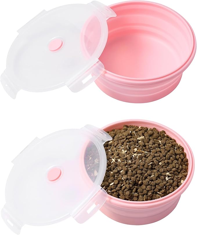 Collapsible Dog Bowls with Lids, 2 Pack Portable Travel Dog Bowls for Small Medium Large Dogs, Silicone Foldable Outdoor Dog Cat Food Water Bowls for Camping Hiking Road Trip, Pink 12 oz