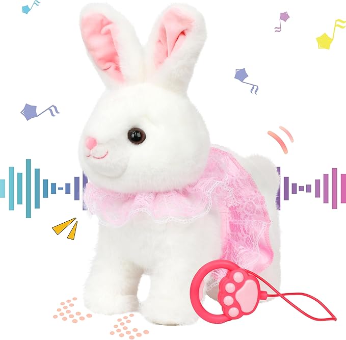Hopearl Hopping Bunny Interactive Electronic Rabbit Toy Remote Control Leash Animated Pet Repeat What You Said Singing Gifts for Toddlers, White, 12''