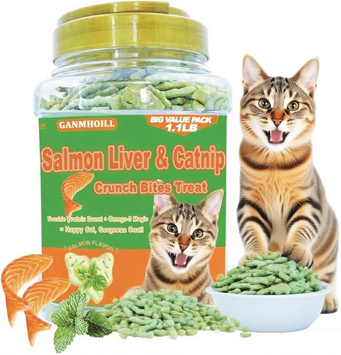 1.1 lb/500g Cat Grass Treats for Indoor Cats - 17.6 oz Natural Salmon & Catnip Flavor, Healthy Snacks for All Life Stages, Crunchy Training Biscuits with Dental Care & Hairball Control