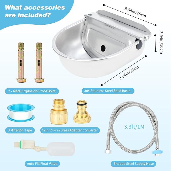 FHTONGE 304 Stainless Steel Automatic Water Dispenser with Drainage for Outdoor Big Dog, Large Auto Fill Dog Waterer Float Valves for Livestock Poultry Horse Cow Goat Pig Chicken Duck Rabbit Drinking