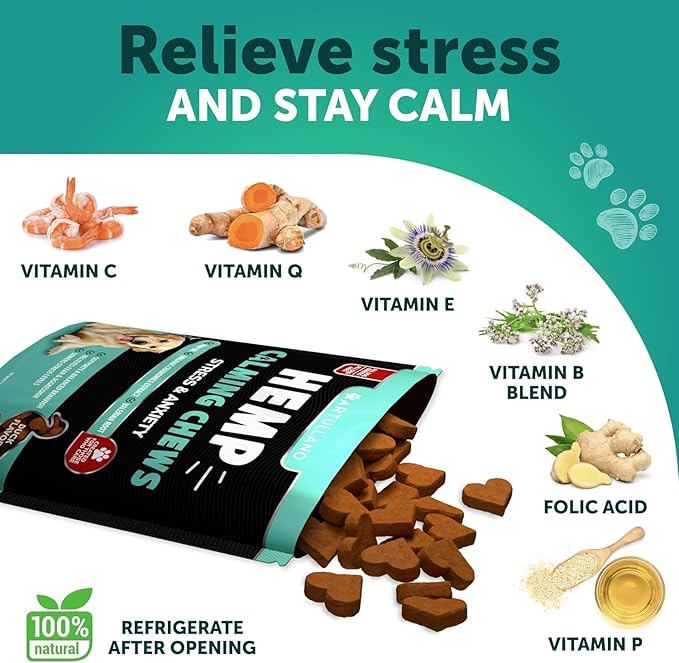 Hemp Calming Chews for Dogs - Dog Calming Chews - Dog Anxiety Relief Treats with Hemp Oil, Turmeric, Valerian, Ginger - Health and Wellness Supplements for Dogs - Hip and Joint Support - 70 Treats