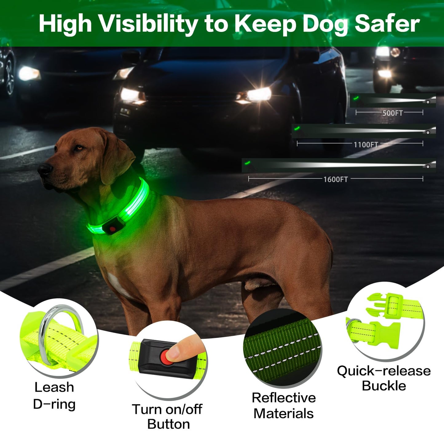 Light Up Dog Collar for Night Walking Flashing, LED Dog Collar Light Rechargeable Reflective Dog Collar Water-Resistant Adjustable Size Dog Collars for Medium Dogs