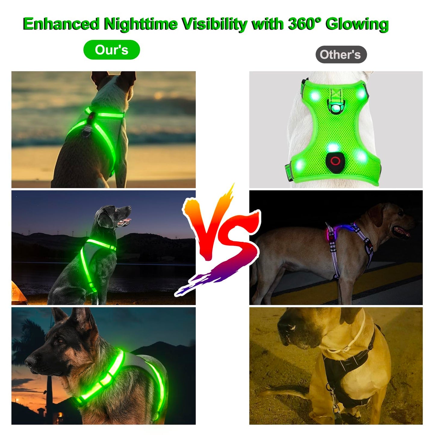 Visinite LED Dog Harness, USB Rechargeable Light Up Dog Vest, 2 Illuminate Modes Glow in The Dark Dog Harness, Adjustable Lighted Pet Harness Light for Night Walking Safety (Green, L)