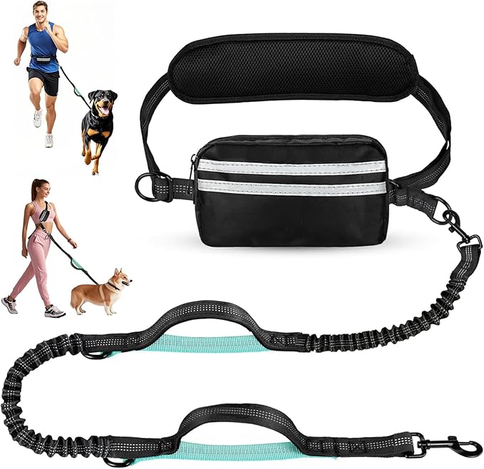 Hands Free Dog Leash with Zipper Pouch for Medium & Large Dogs - Crossbody & Waist Leash for Dog Walking - Bungee with Padded Handles, Reflective Stitches, No Pull, Tangle Free