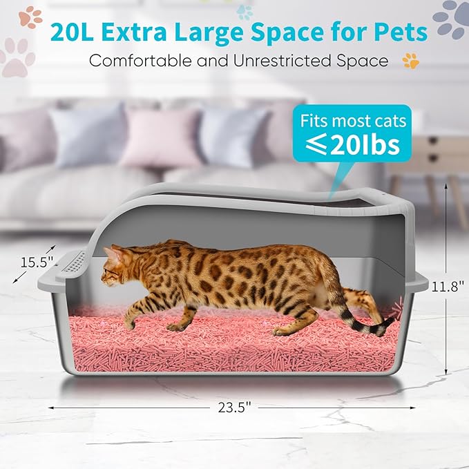 XL Stainless Steel Cat Litter Box with High Sided Lid for Big Cats, 23.5"L x 15.5"W x11.8"H, Metal Kitty Litter Tray with Scoop and Filter Pedal, Leak-Proof,Odorless,Non-Stick,Easy Cleaning