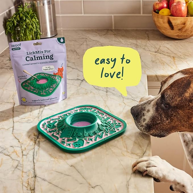 Woof Lick Mat and Calming LickMix Starter Pack Bundle - Dog Enrichment and Spread - Slow Feeder Mat with Non-Slip Design - Delicious, Lower Calorie Mix -Green