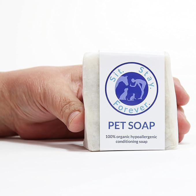 Sit Stay Forever. Vegan Organic Pet Soap/Bar Shampoo Big 7 oz bar, Hypoallergenic, Organic Oatmeal, Olive & Coconut Oils, Shea Butter, Vitamin E and Neroli Essential Oil.