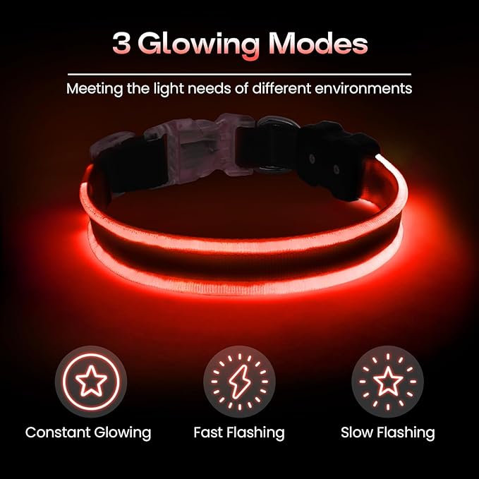 PcEoTllar Light up Dog Collars Rechargeable, LED Dog Collar Night Walking, Waterproof Flashing Glow in The Dark Dog Collars, Adjustable Dog Lights for Large Small Medium Dogs Red-m