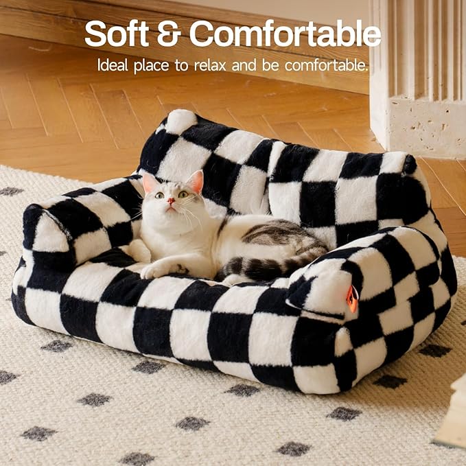 MEWOOFUN Cat Bed for Indoor Cats, Washable Dog Beds for Small Medium Dogs & Cats, Fluffy Cat Couch with Non-Slip Bottom (Black&White, 26.0" L x 19.0" W x 13.0" Th)