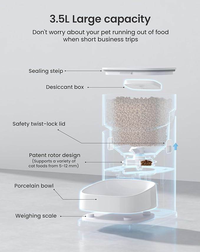 PF2 Smart Automatic Cat Feeder 3.5L WiFi Pet Feeder with Camera & Voice Call App Control Data Monitoring Timed Feeding Freshness Preservation Easy-to-Clean Ceramic Bowl – for Cats & Small Dogs