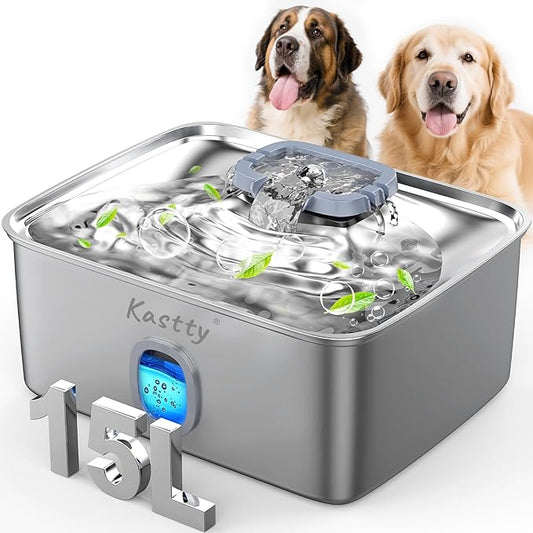 Kastty 15L/3.96 Gal Stainless Steel Dog Water Bowl Dispenser, Large Capacity Dog Water Fountain Quiet LED Light Triple Filtration BPA-Free, Automatic Pet Water Fountain Easy Cleaning for Pet FS76