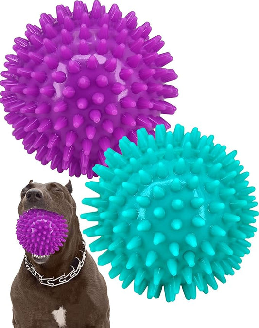 2 Pack 4.5” Heavy Duty Squeaky Dog Ball for Medium Large Dogs, Spikey Dog Ball Toys for Clean Teeth and Training, Large Dog Toys for Aggressive Chewers…