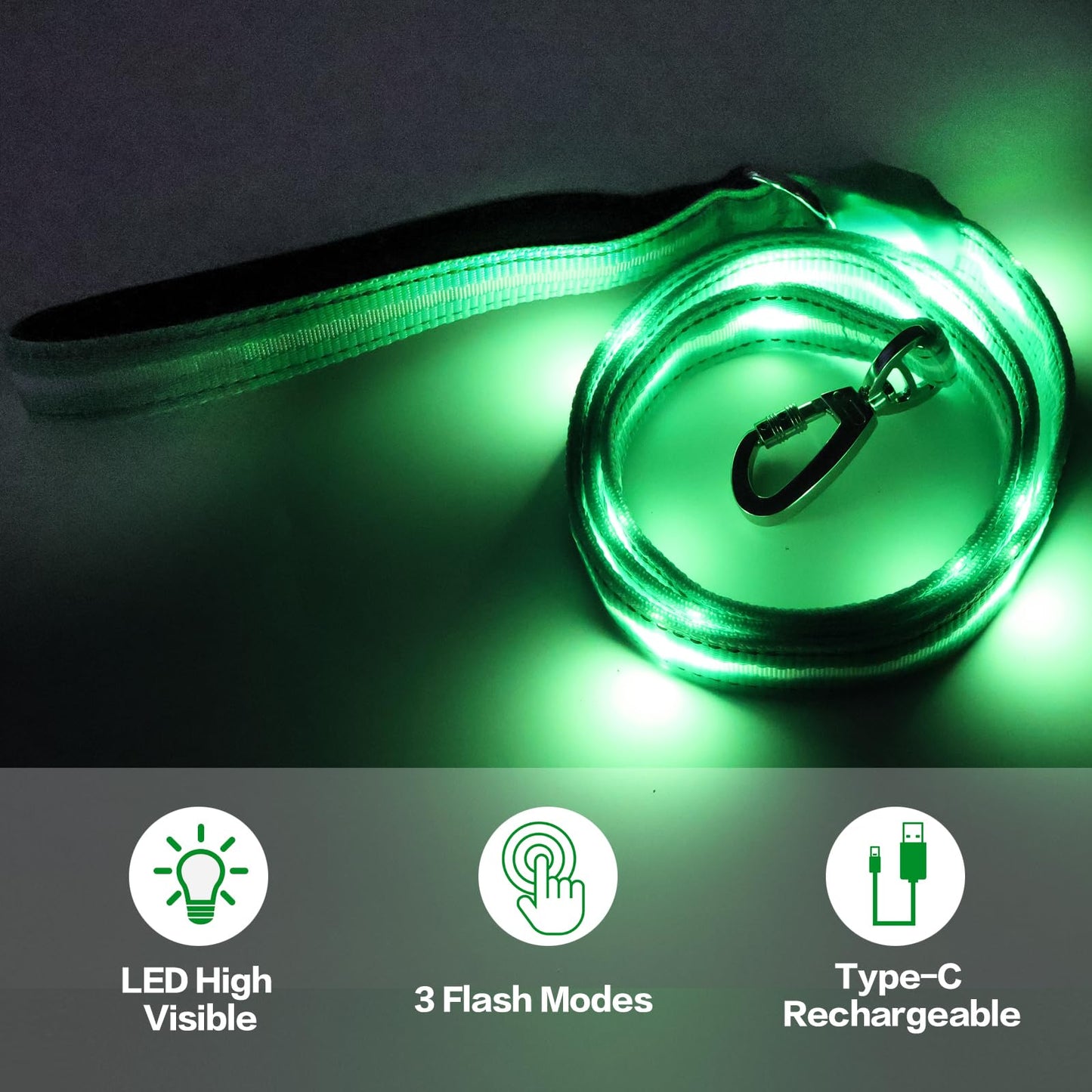 TuuToo LED Light Up Dog Leash, 5 Ft Rechargeable Lighted Glowing Dog Leash with 3 Flash Modes Night Walking Safety, Nylon Waterproof Reflective Leashes with Padded Handle for Small Medium Large Pet