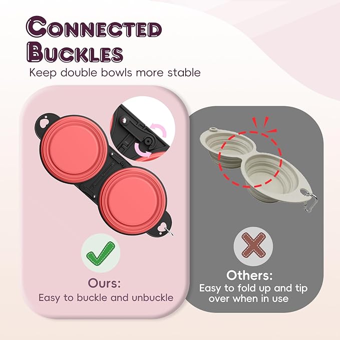 Pawaboo 2-in-1 Collapsible Dog Bowls, Dual Puppy Food and Water Bowls, 180° Flip Over Portable Silicone Dog Bowl with Metal Hook, 450ml Pet Travel Feeder Bowl for Walking Hiking Camping, Light Pink