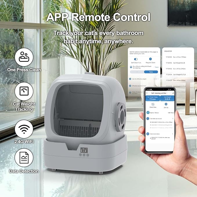 Automatic Self-Cleaning Cat Litter Box with APP-Controlled, Weight Tracking ā 86L Ultra-Quiet, Smart Health Monitor, and Safe Anti-Pinch Design (Assembly Required) -Light Grey