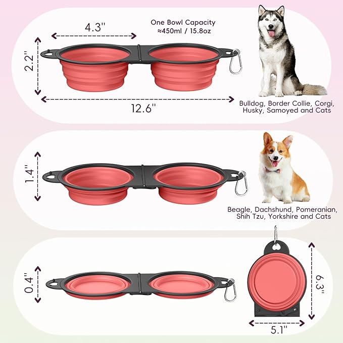Pawaboo 2-in-1 Collapsible Dog Bowls, Dual Puppy Food and Water Bowls, 180° Flip Over Portable Silicone Dog Bowl with Metal Hook, 450ml Pet Travel Feeder Bowl for Walking Hiking Camping, Light Pink