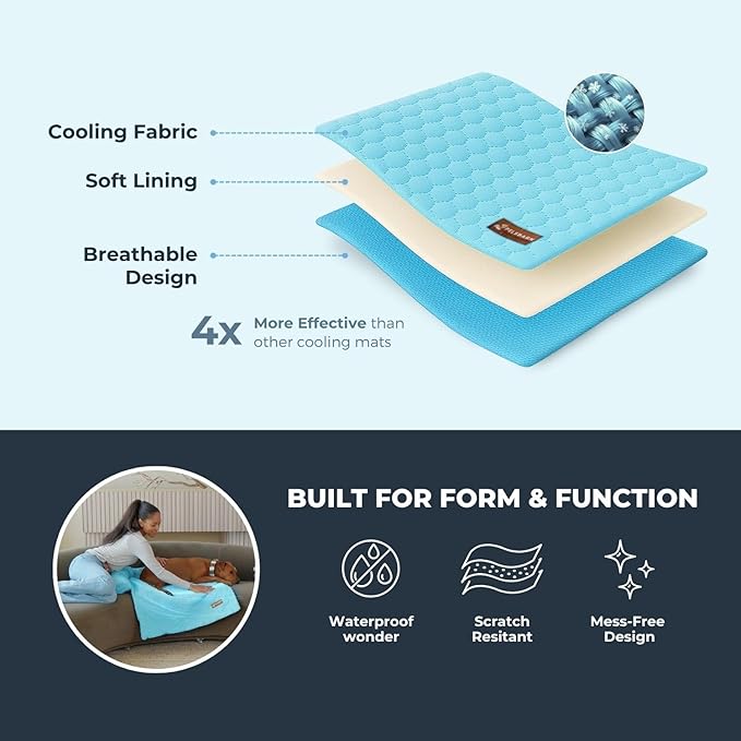 Pelsbarn Dog Cooling Mat- Ice Silk Summer Comfort, Self Cooling, Non-Slip Dog Pad, Durable & Washable, Mat for Medium Dogs 50x65 cm, Support Shelter Dogs with Every Purchase (Blue)