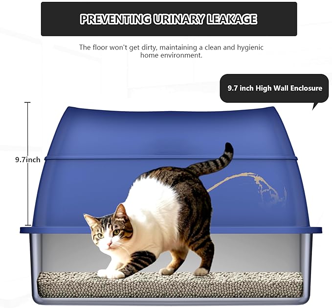 Stainless Steel Cat Litter Box with Lid Extra Large Open-Top Dual Entry Enclosed Metal Pan Tray with High Sides Pedal Scoop Non-Stick Anti-Leakage Easy Cleaning for Big Multi-Cat (Blue)