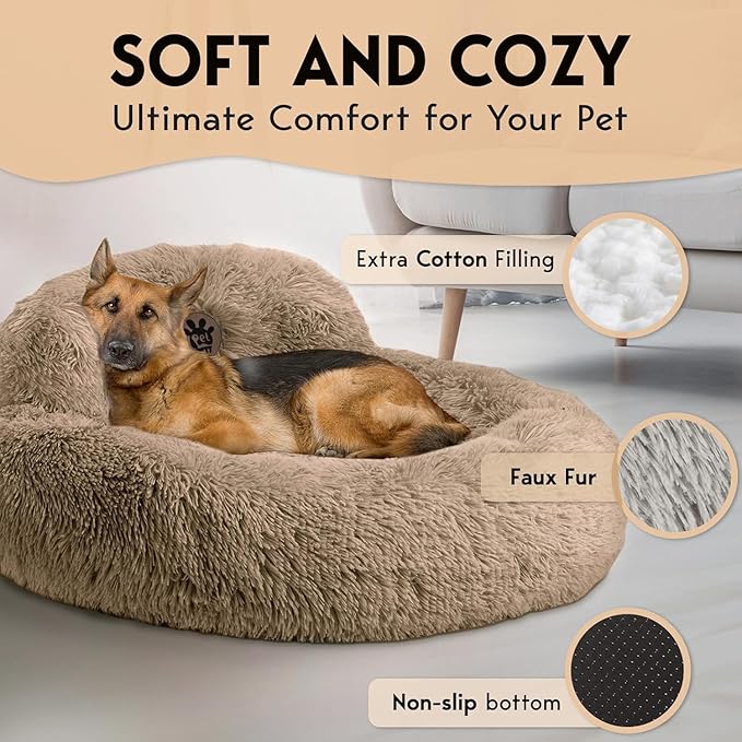 PetJett Calming Large Dog Bed - 36'' Donut Dog Beds, Anti-Slip & Washable Large Round Bed, Fluffy Faux Fur Pet Bed, Super Soft Anti-Anxiety Premium Comfort Bed, Fits Dogs up to 100 lbs - Beige