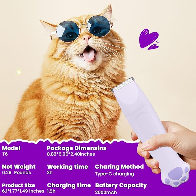 Dog Clipper 4-in-1 Grooming Kit – Includes Comb, Paw Trimmer, Nail Grinder, Rechargeable & Wireless Design, Low Noise, IPX7 Waterproof, Pet-Friendly Clipper (Purple)