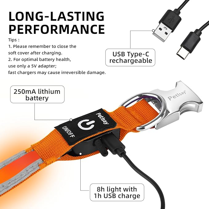 PetIsay LED Dog Collar Metal Buckle - Heavy Duty Light up Collars - Rechargeable IP68 Waterproof - Lighted Dog Collar for Night Walking, Hiking, Camping (Large, Orange)