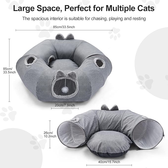 Odoland Summer Linen Cat Tunnels for Indoor Cats with Cooling Central Cat Bed, Interactive Cat Toys Detachable Soft Mat and Variety Kitty Toy Set Grey