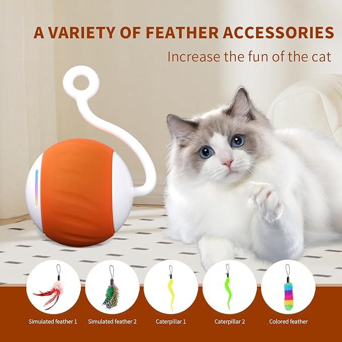 Cat Toys Interactive for Indoor Cats, Touch & Sound Smart Control - Fast slow 2 Speed Motion Activated Cat Ball Toy for Bored Cats With LED Lights, Feathers Tail, USB Charging Cable, 6in1 - Orange