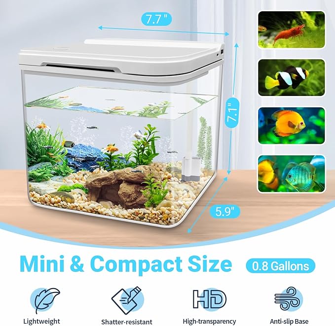 0.8 Gallon Small Fish Tank Kit, Aquarium Starter Kit with Super-Quiet Water Pump, Rain Filtration, Self Cleaning Filtration, LED Light, Easy Changing Water (White)