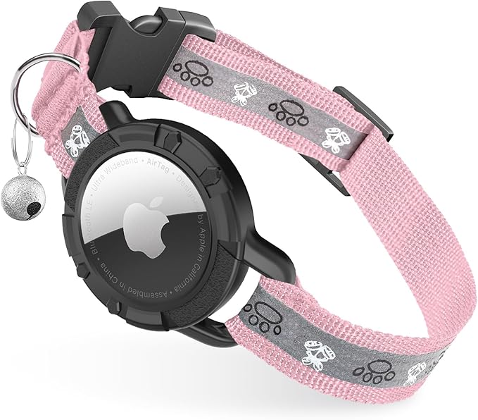 Reflective AirTag Cat Collar, Integrated Cat Tracker Collar with Air Tag Holder and Bell, Safety Elastic Band Cat GPS Collars for Girl Boy Cats, Kittens and Puppies (Pink, S)